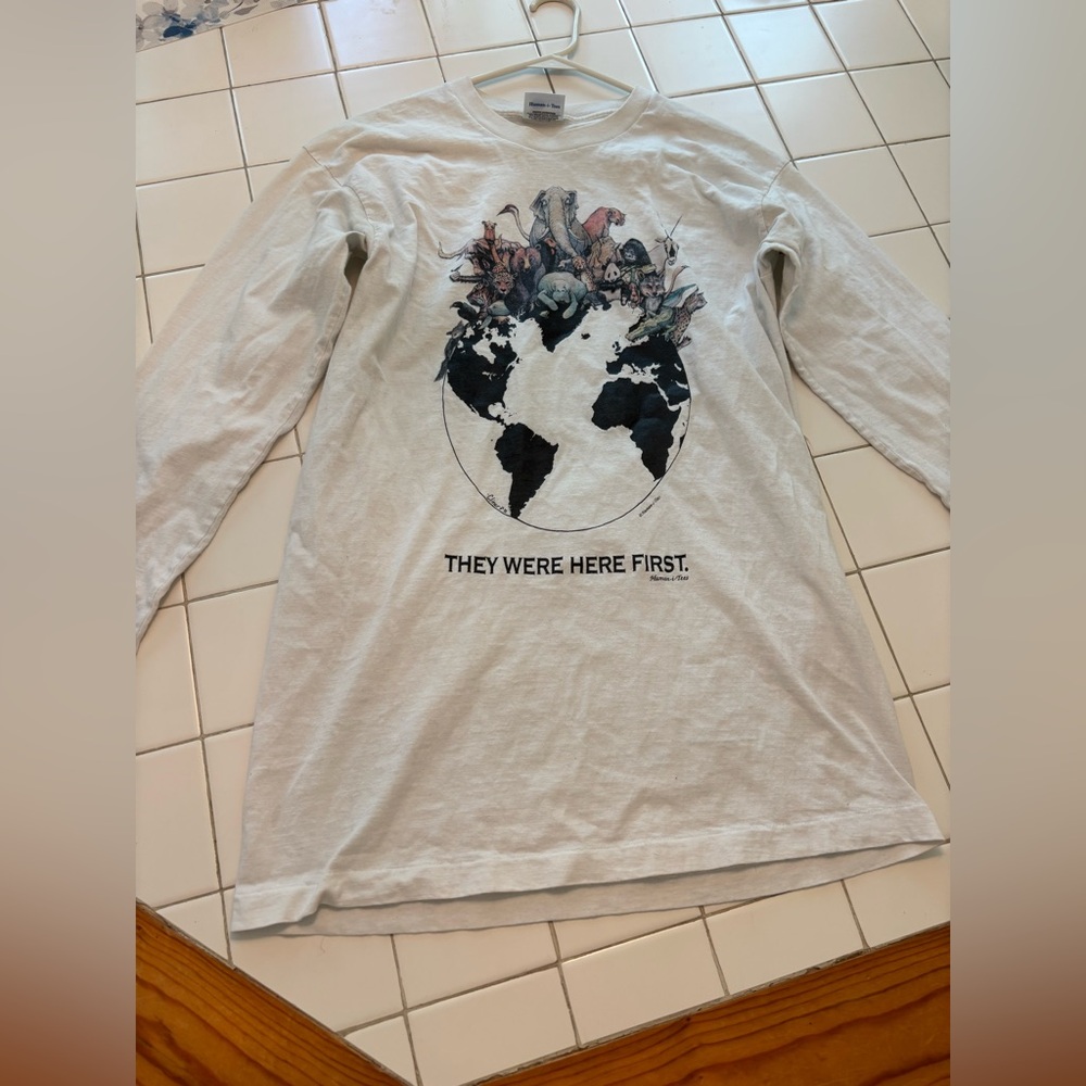 They Were Here First earth animal planet long sleeve white shirt save world top - Picture 3 of 11